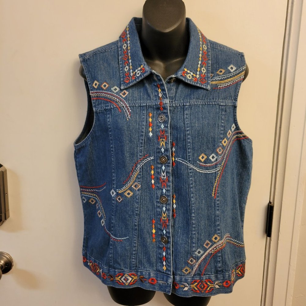 Christopher and Banks Color Embroidered Jean Vest